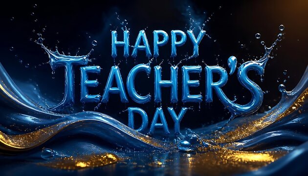 Happy teachers day greeting card banner with blue liquid text and golden wave background teachers greeting celebration education background