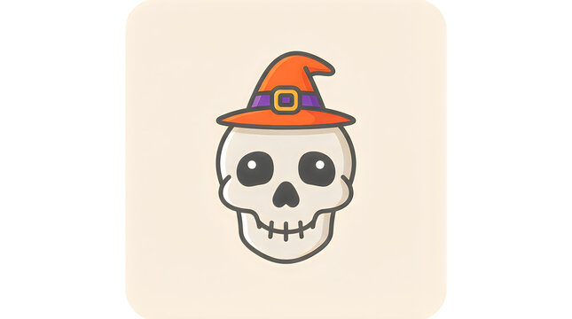 Cute cartoon skull wearing a colorful orange witch hat for halloween celebration flat vector illustration icon design element for holiday projects