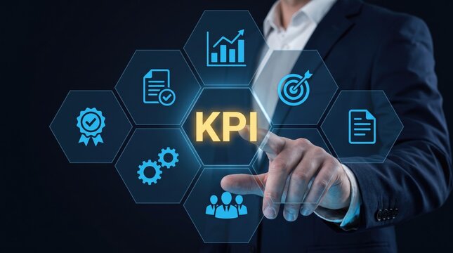 KPI business performance dashboard, businessman touching key performance indicators, corporate management strategy concept