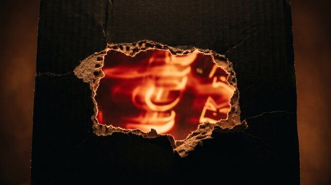 Torn Cardboard Revealing Fiery Red Abstract Shapes and Textures