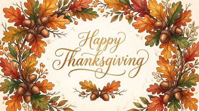 Happy Thanksgiving Greeting Card with Autumn Oak Leaves and Acorns Border