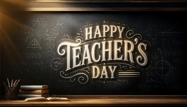 Happy teachers day typography lettering on a dark chalkboard with stacked books and wooden desk typography lettering chalkboard blackboard