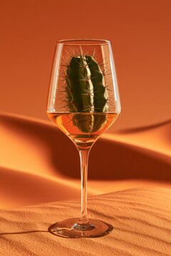 Succulent and amber liquid in a wine glass against a desert-like backdrop