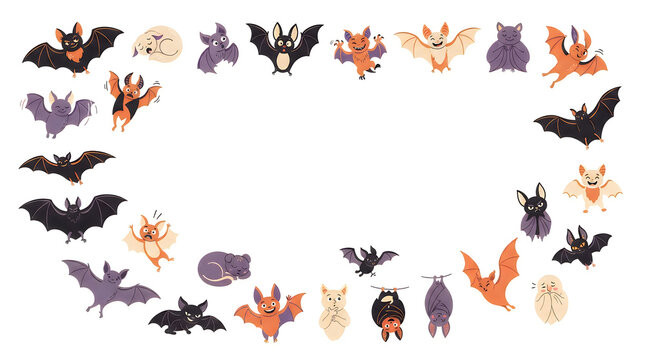 Halloween Bat Collection Cute Cartoon Vector Illustrations of Flying Bats. Black Orange Purple Silhouettes for Greeting Cards, Labels, Scrapbooking, and Party Decor halloween bats