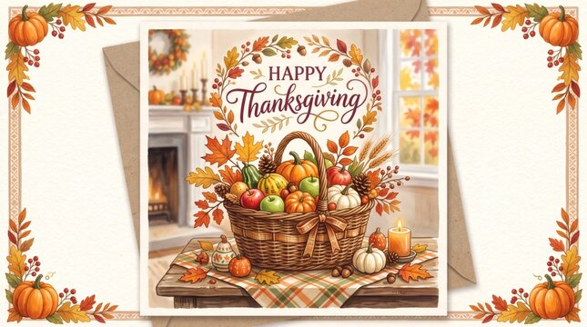 Happy Thanksgiving Greeting Card with Harvest Basket and Autumn Leaves
