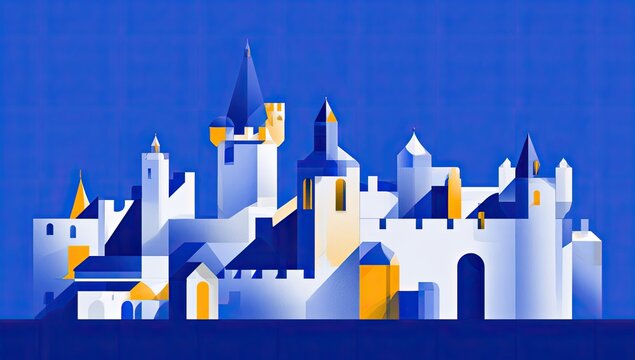 Stylized, geometric fortress under a deep blue sky