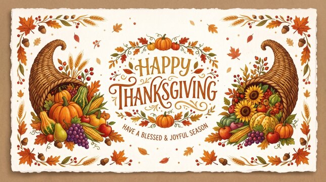 Happy Thanksgiving Cornucopia Illustration with Autumn Harvest and Fall Leaves
