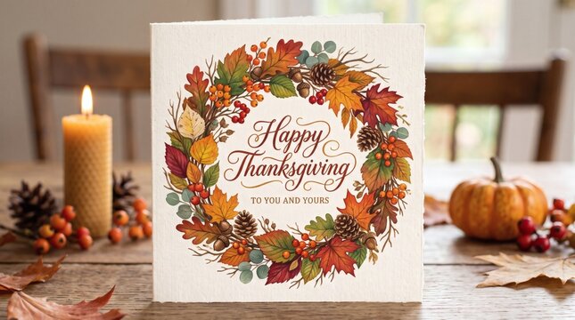 Happy Thanksgiving card with autumn wreath, candle, and pumpkin on wooden table
