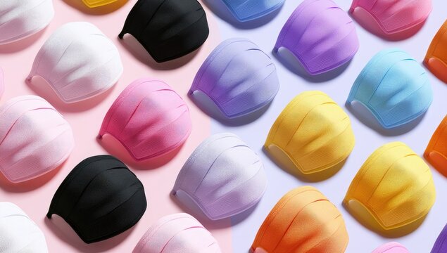 A vibrant, cheerful collection of pastel-colored facial coverings arranged artfully