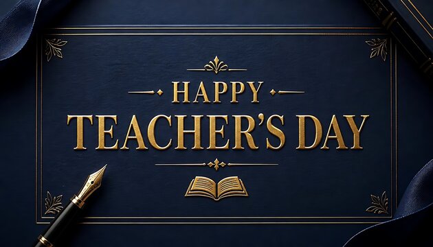 Happy teachers day elegant gold typography greeting card design with a fountain pen on a dark blue background teachers education greeting template