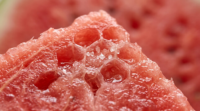 Macro close-up of juicy watermelon slice with sugar crystals
