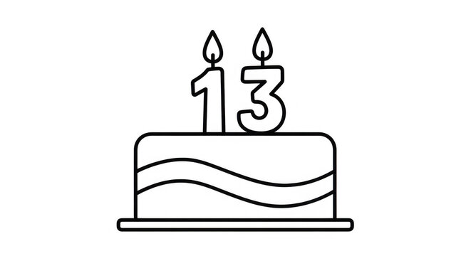 Black and white outline drawing of a birthday cake with number thirteen isolated on transparent background