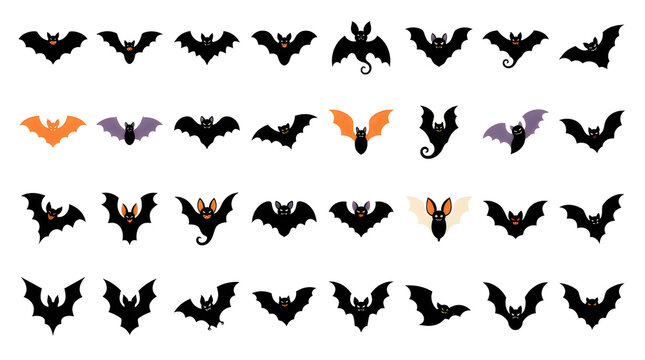 Cute Halloween Bat Icons Set, Orange Purple and Black Silhouette Vector Background Pattern, Spooky Night Animal Illustration Collection Isolated on White halloween bats