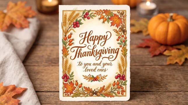 Happy Thanksgiving Greeting Card with Autumnal Decorations and Pumpkins on Wooden Table