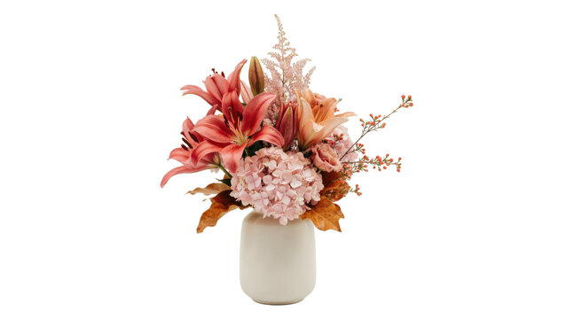 Bouquet of pink lilies, hydrangeas, and dried foliage in a simple white ceramic vase on a light background, isolated on a, transparent background