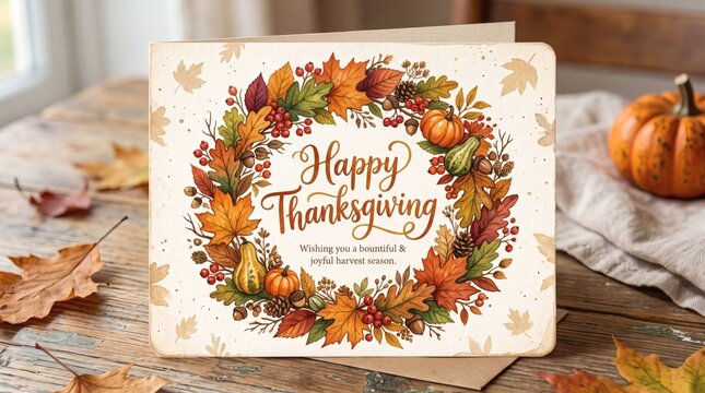 Happy Thanksgiving greeting card with autumn leaves wreath and harvest elements on wooden table