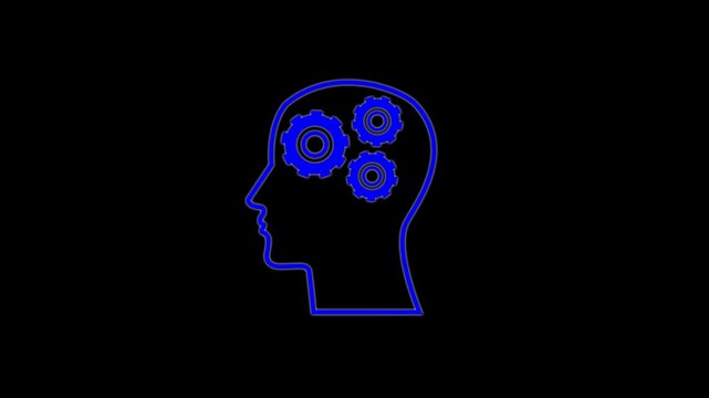Human head and rotating gears inside. Technological diagram of engineering gears inside the brain, artificial intelligence. Animation on transparent background with alpha channel