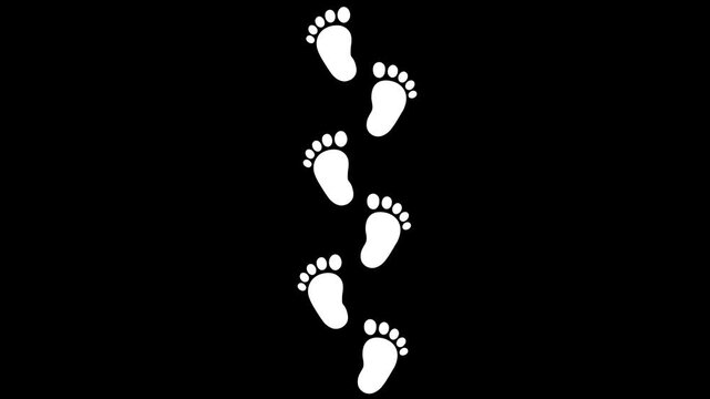 Animation of a child's footprints&mdash;cute, adorable baby steps&mdash;on a dark background; motion graphics, 4K video.