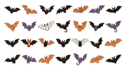 Fototapeta premium Halloween bats pattern, spooky purple, orange and black bat icons, candy colored cartoon flying creatures, seamless holiday festival decoration, vector clip art halloween bats