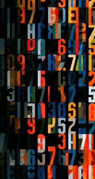 Abstract arrangement of colorful numbers and letters in a collage style