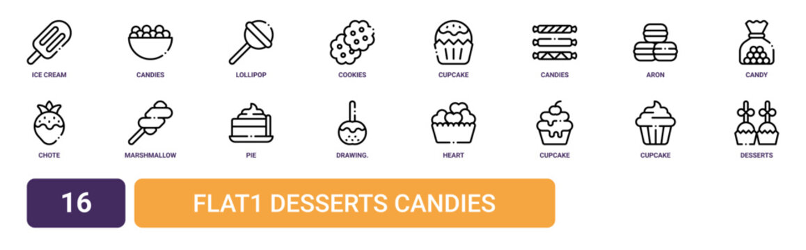Set of 16 outline web Flat1 Desserts Candies icons such as desserts, cupcake, cupcake, heart, drawing. Illustration from desserts candies collection.., pie, marshmallow vector icons for report,