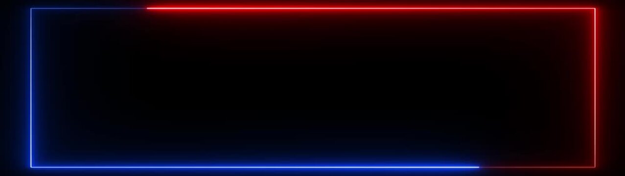 Square rectangle picture frame with two tone neon color motion graphic on isolated black background. Blue and red light moveing for overlay element. Motion graphics of neon rectangle