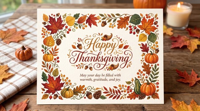 Happy Thanksgiving Greeting Card with Autumn Leaves Pumpkins and Gourds