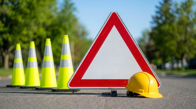 Blank warning triangle sign with traffic cones and helmet on road, highway safety and construction maintenance