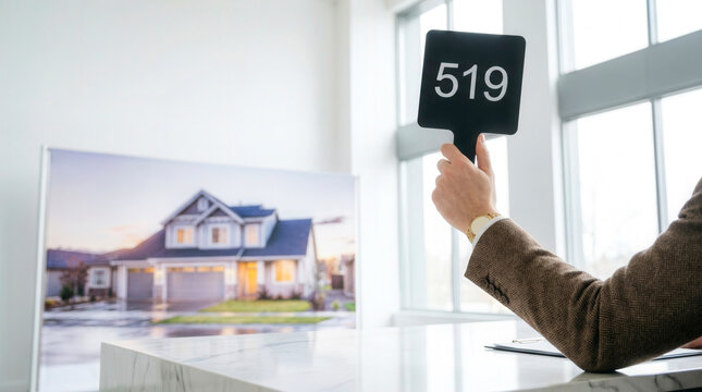 Bidder raising auction paddle in real estate office, property sale and home investment