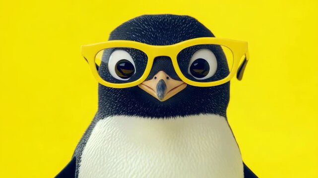 3D Animated Penguin Character with Oversized Yellow Glasses