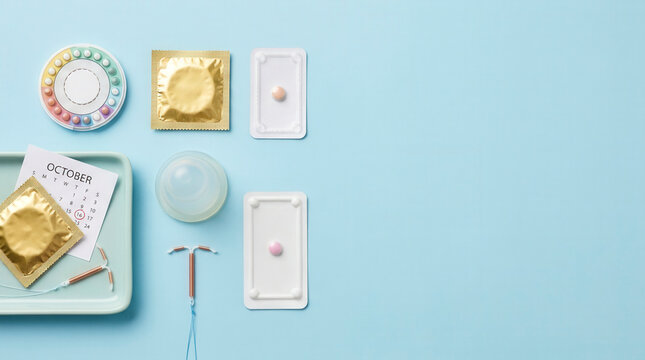 Birth control methods with pills condom iud menstrual cup and calendar, family planning and reproductive health