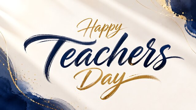 Happy teachers day elegant typography text design with blue and gold abstract watercolor background teachers greeting typography abstract