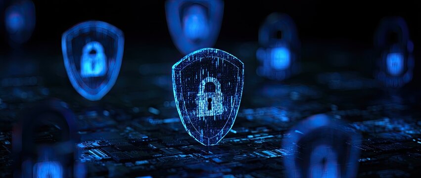 Glowing blue digital shields with locks, on a dark circuit board background