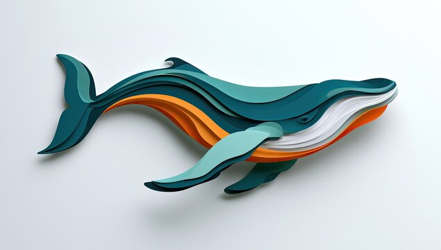 Layered paper sculpture of a vibrant whale with cascading teal, orange, and white