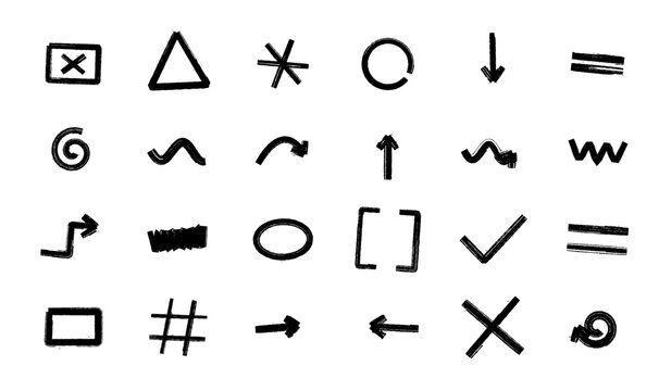 Hand Drawn Doodle Icon Set. Black Marker Symbol Collection With Arrow Star And Checkmark Sketch. Freehand Brush Ink Element, Simple Sign