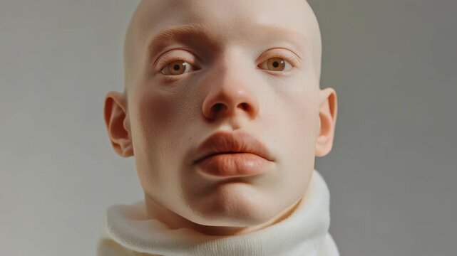 Hyper-realistic Portrait of a Humanoid Face with Amber Eyes and White Turtleneck