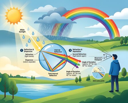 Detailed scientific diagram explaining how a natural rainbow is formed by refraction, dispersion, and reflection of sunlight through raindrops