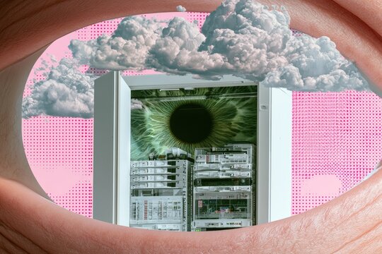 Eye's iris reveals server rack, clouds float in digital portal