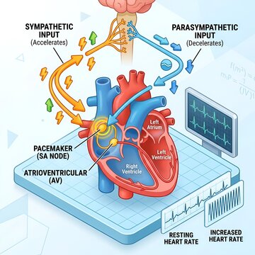 Detailed medical illustration of autonomic nervous system control over heart rate with sympathetic and parasympathetic pathways