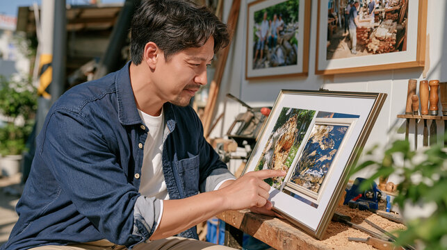 Carpenter reviewing side-by-side images of rough-hewn timber and finished joinery panel in a quiet rural workshop, Korean family tradition of communal craft subtly referenced in framed workshop phot