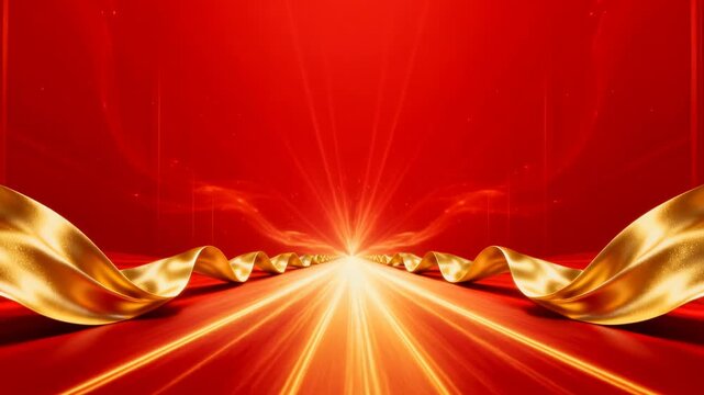 Festive red and gold background with dynamic light rays and ribbon curves for celebrations