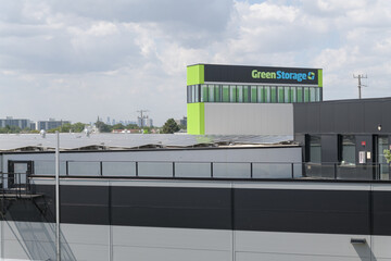 Naklejka premium wide, distant view of Green Storage Scarborough Toronto, a self-storage facility, located at 376 Birchmount Rd, Toronto