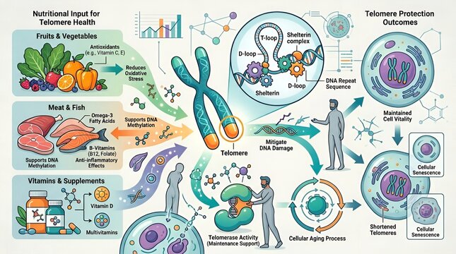 Nutritional inputs and biological mechanisms influencing telomere health, cellular aging processes, and protection outcomes