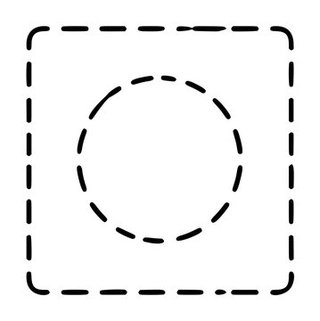 Minimalist vector icon illustration featuring a dashed line circle centered within a dashed rounded square frame, perfect for selection tools, placeholder graphics, or geometric design elements.