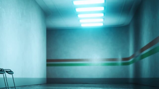 A hallway in a hospital or clinic shows a waiting area with empty black chairs. Bright lights are overhead, illuminating the plain walls and floor.