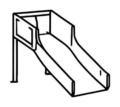 Industrial sortation chute vector icon for logistics and warehouse management. This minimalist black and white line art illustration depicts a gravity slide used for package distribution and sorting.