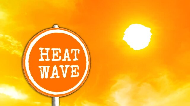 Heatwave sign on orange sky background and shining sun. Heatwave concept. Extreme weather. global warming effects