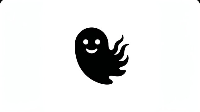 A happy black ghost icon with a friendly smiling face and wavy tail design for halloween themes and cute spooky character graphic illustrations