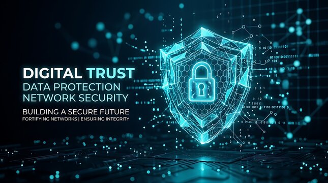 Digital trust and network security concept with glowing shield and padlock icon.