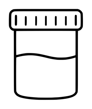 Minimalist medical specimen jar vector icon for laboratory testing and clinical analysis. This black and white line art illustration shows a sample container with a secure lid and liquid inside for